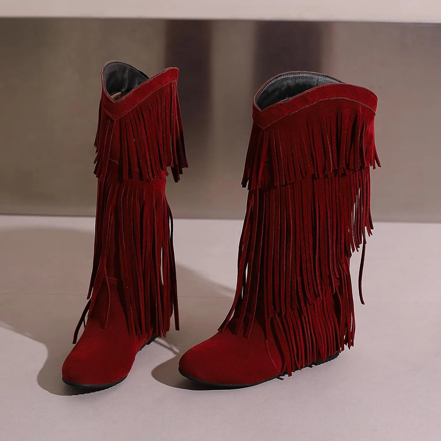 Gicoiz Women Round Toe Wedge Knee High Fringe Moccasin Boots