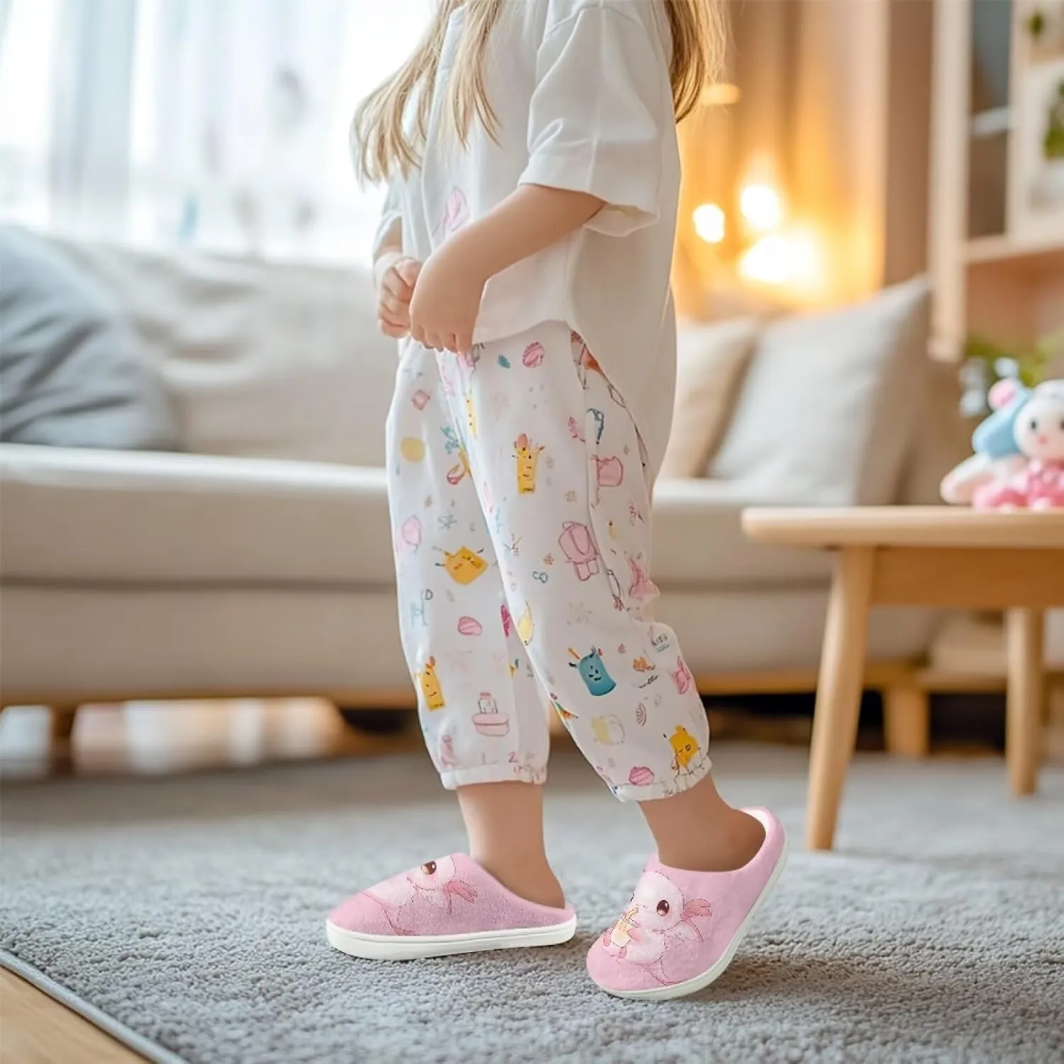 Girls Plush House Slippers Fluffy Cute Slippers Slip-on Shoes Winter Indoor Non-slip Rubber Sole Slipper for Kids