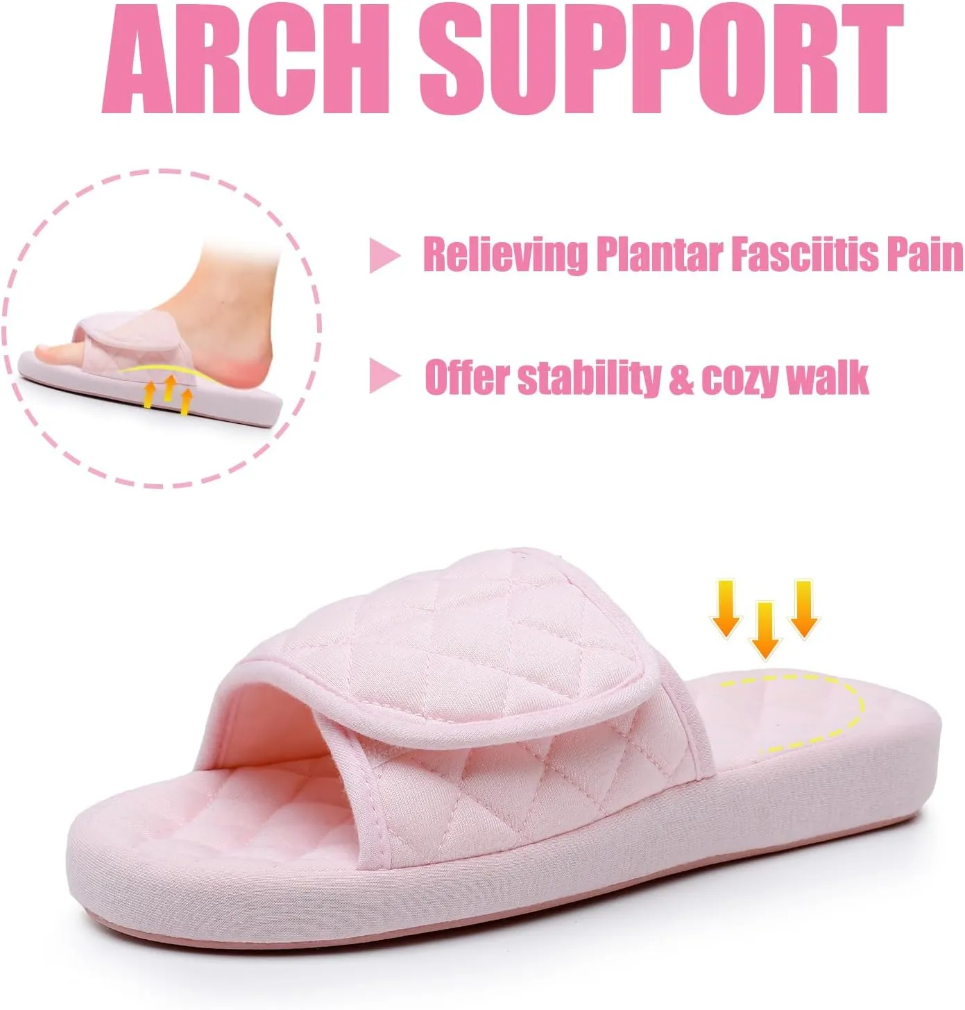 Git-up Womens Orthotic Slippers with Arch Support for Plantar Fasciitis Pain Relief,Open Toe Adjustable Memory Foam Slide House Slippers