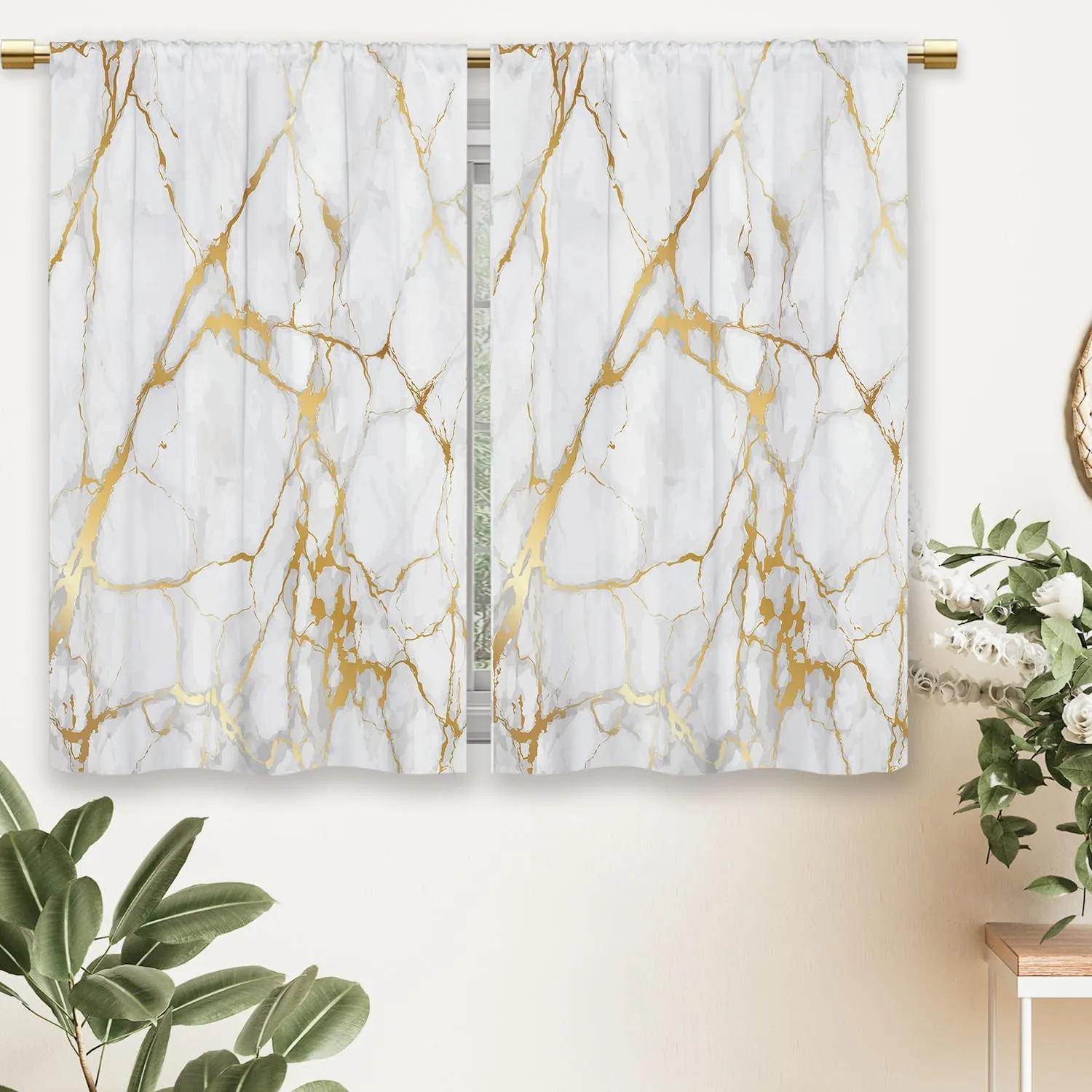 Gold Marble Kitchen Curtains Golden Luxury Abstract Small Short Cafe Window Curtains White Modern Texture ink Rod Pocket Bathroom Window Drapes Treatment Tier Curtains 2 Panels (27.5x39 Inch)