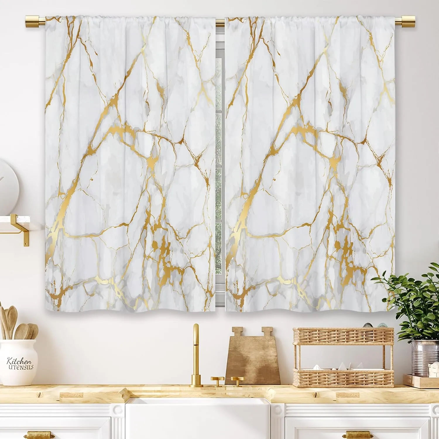 Gold Marble Kitchen Curtains Golden Luxury Abstract Small Short Cafe Window Curtains White Modern Texture ink Rod Pocket Bathroom Window Drapes Treatment Tier Curtains 2 Panels (27.5x39 Inch)