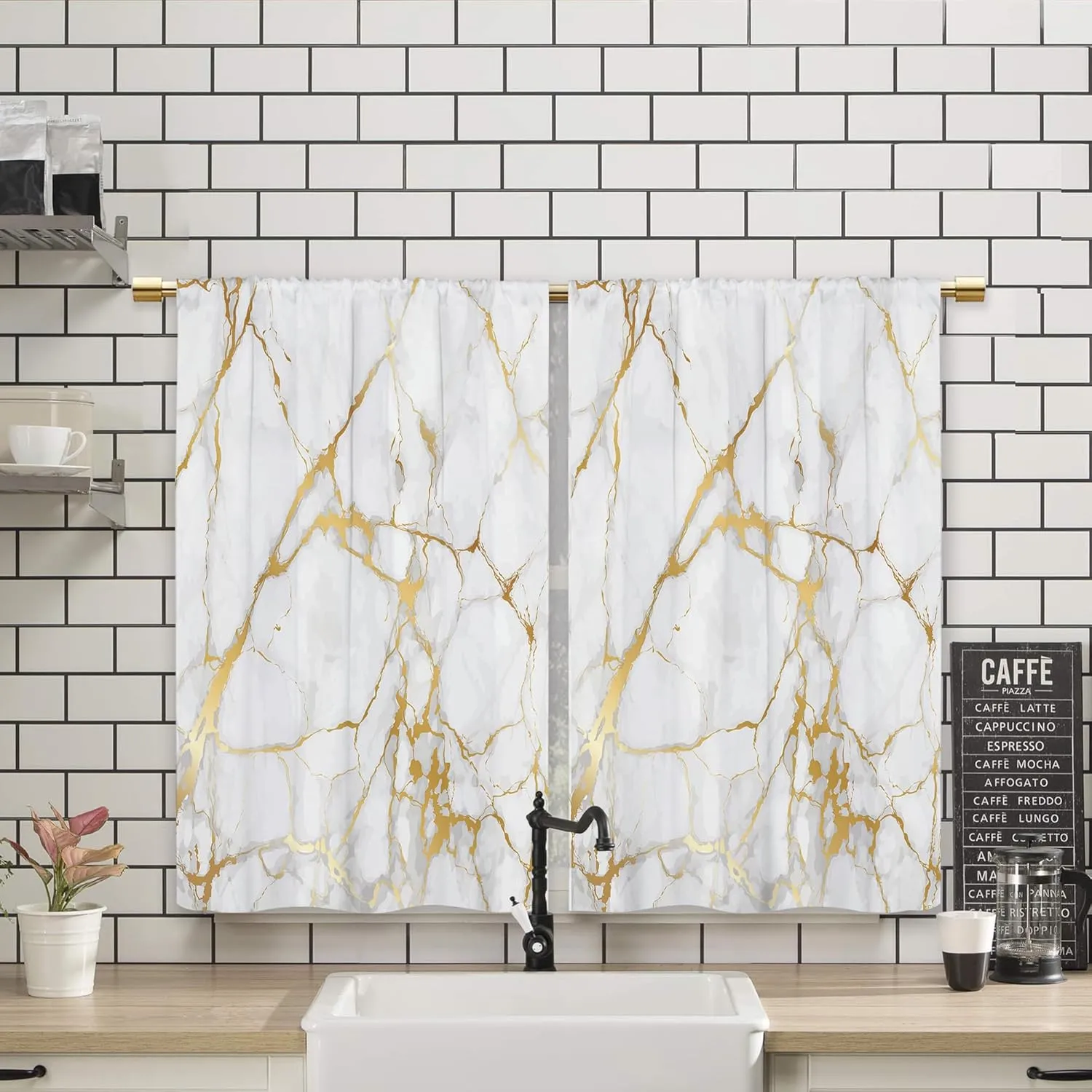 Gold Marble Kitchen Curtains Golden Luxury Abstract Small Short Cafe Window Curtains White Modern Texture ink Rod Pocket Bathroom Window Drapes Treatment Tier Curtains 2 Panels (27.5x39 Inch)