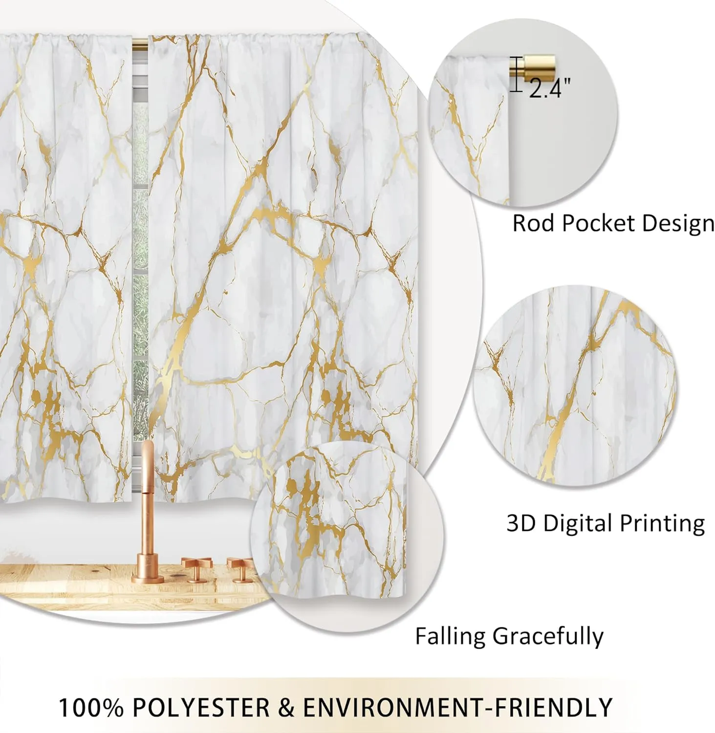 Gold Marble Kitchen Curtains Golden Luxury Abstract Small Short Cafe Window Curtains White Modern Texture ink Rod Pocket Bathroom Window Drapes Treatment Tier Curtains 2 Panels (27.5x39 Inch)