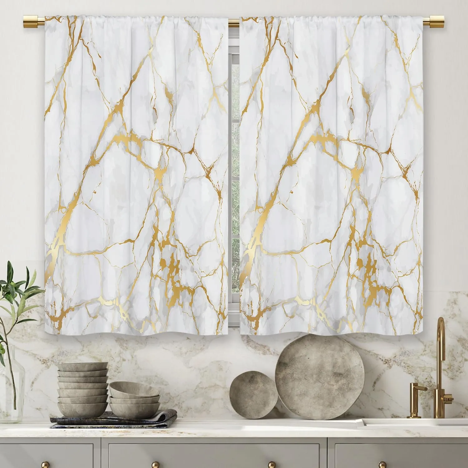Gold Marble Kitchen Curtains Golden Luxury Abstract Small Short Cafe Window Curtains White Modern Texture ink Rod Pocket Bathroom Window Drapes Treatment Tier Curtains 2 Panels (27.5x39 Inch)