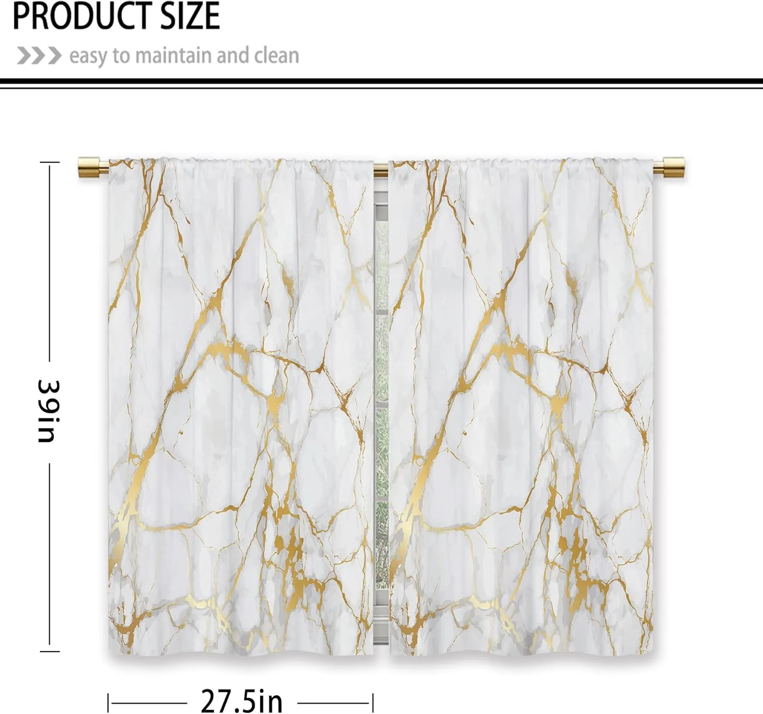 Gold Marble Kitchen Curtains Golden Luxury Abstract Small Short Cafe Window Curtains White Modern Texture ink Rod Pocket Bathroom Window Drapes Treatment Tier Curtains 2 Panels (27.5x39 Inch)