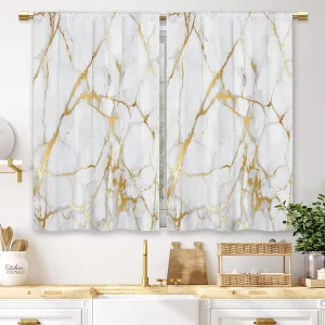 Gold Marble Kitchen Curtains Golden Luxury Abstract Small Short Cafe Window Curtains White Modern Texture ink Rod Pocket Bathroom Window Drapes Treatment Tier Curtains 2 Panels (27.5x39 Inch)
