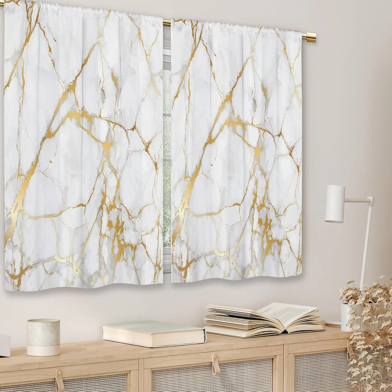 Gold Marble Kitchen Curtains Golden Luxury Abstract Small Short Cafe Window Curtains White Modern Texture ink Rod Pocket Bathroom Window Drapes Treatment Tier Curtains 2 Panels (27.5x39 Inch)