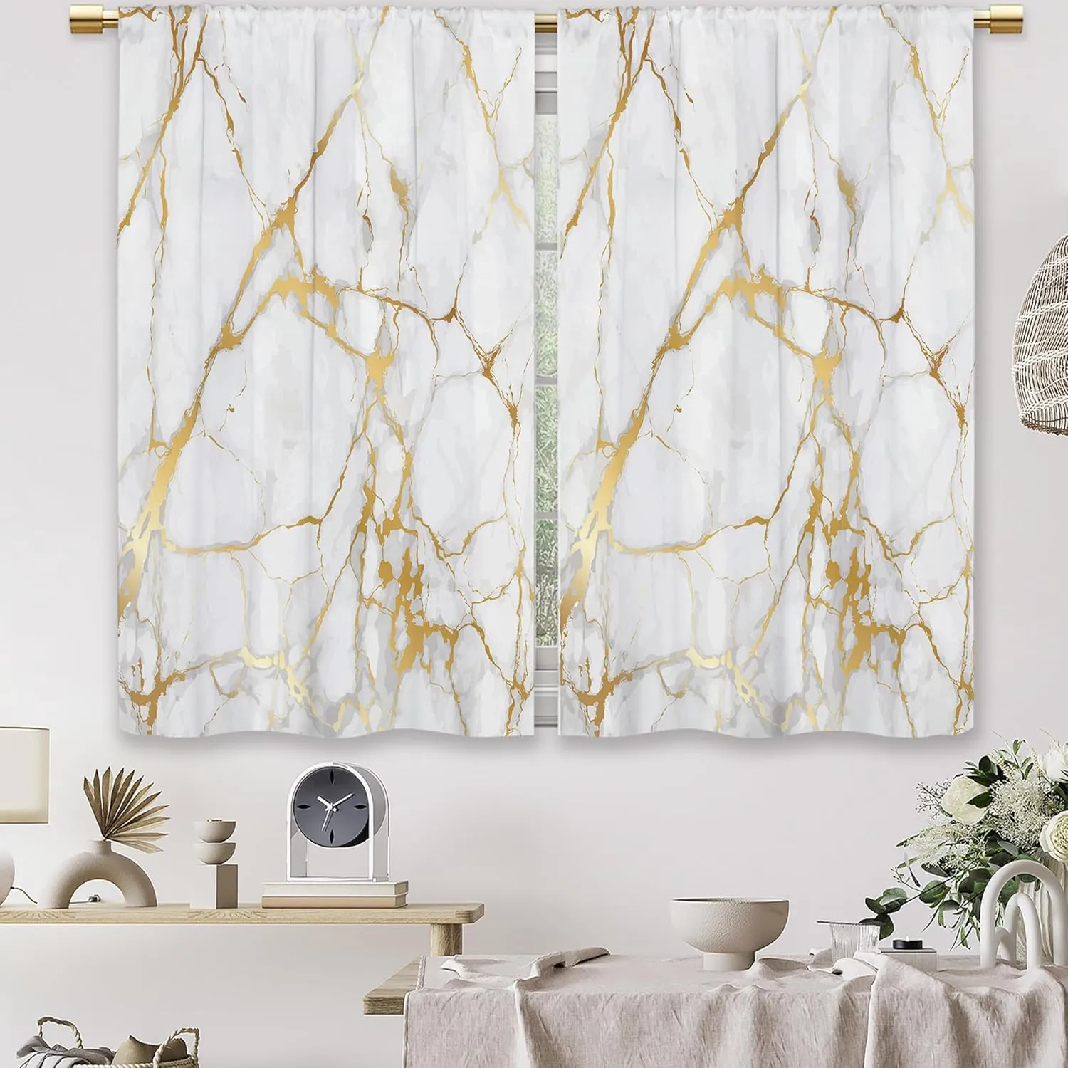 Gold Marble Kitchen Curtains Golden Luxury Abstract Small Short Cafe Window Curtains White Modern Texture ink Rod Pocket Bathroom Window Drapes Treatment Tier Curtains 2 Panels (27.5x39 Inch)