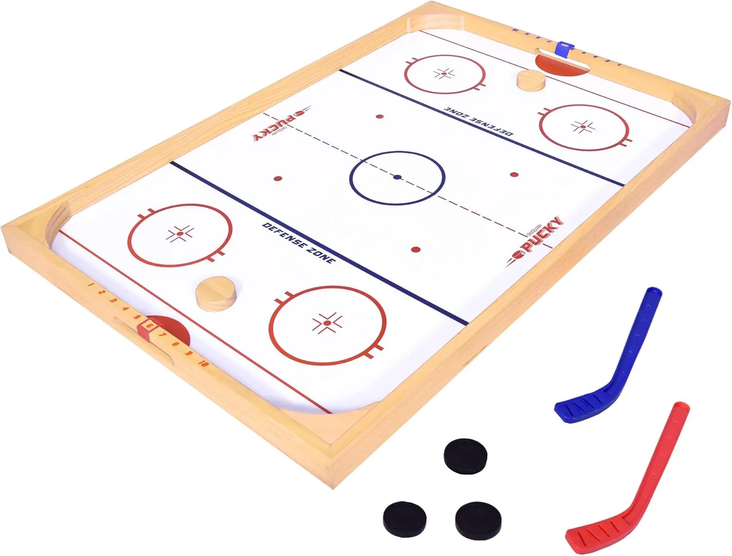GoSports Ice Pucky Wooden Tabletop Hockey Game for Kids & Adults - Includes 1 game board, 2 Hockey Sticks & 3 Pucks