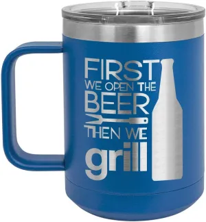 Grill Things BLUE 15 oz Coffee Cup w/Slide Top Lid | Insulated Travel Coffee Mug | BBQ & Grilling Gift Idea For Men Who Have Everything, Dad & Grandpa | Compare To Yeti Rambler | ONLYGIFTS.COM
