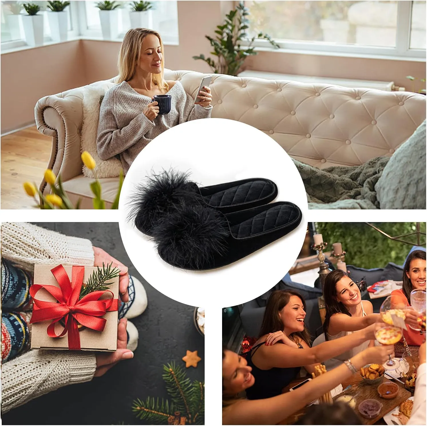 GRITHEIM Women's Fuzzy Pom Pom Velvet Memory Foam House Slippers Ladies Cozy Chenille Knit Bedroom Slippers Non-slip Sole Indoor Outdoor