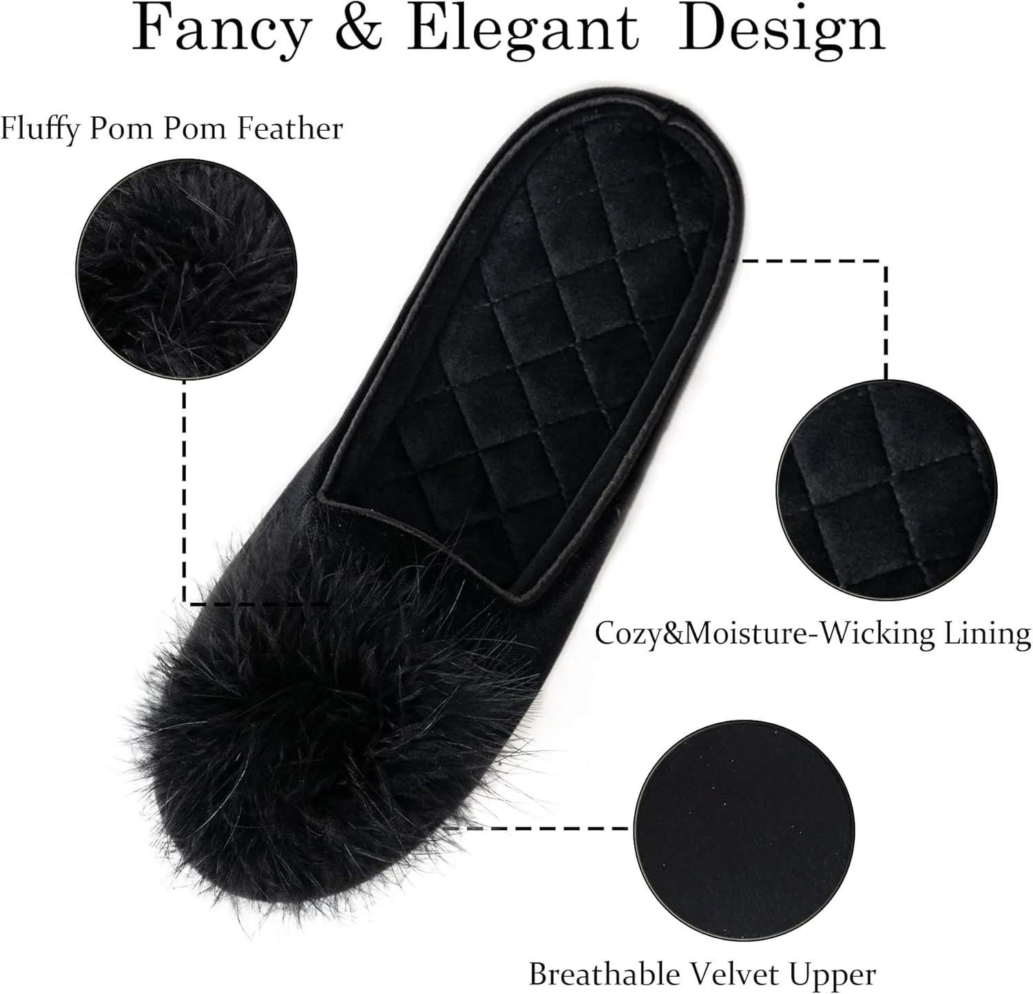 GRITHEIM Women's Fuzzy Pom Pom Velvet Memory Foam House Slippers Ladies Cozy Chenille Knit Bedroom Slippers Non-slip Sole Indoor Outdoor
