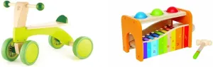 Hape Scoot Around Ride On Wood Bike, Bright Green & Pound & Tap Bench with Slide Out Xylophone - Award Winning Durable Wooden Musical Pounding Toy, Multifunctional and Bright Colours, Yellow