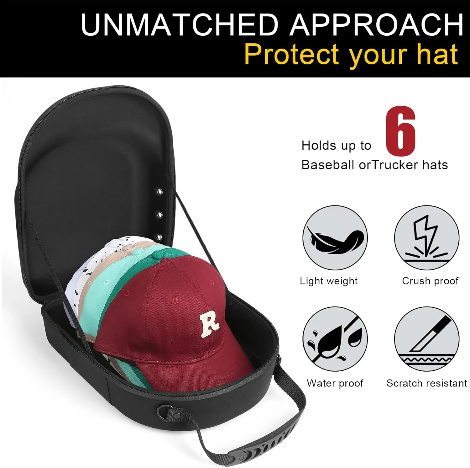 Hard Baseball Hat Case with 6pcs Hat Hooks, Hat Carrier Travel Case with Adjustable Shoulder Strap, Hat Cap Case for 6 Baseball Caps - Perfect for Traveling (Black)