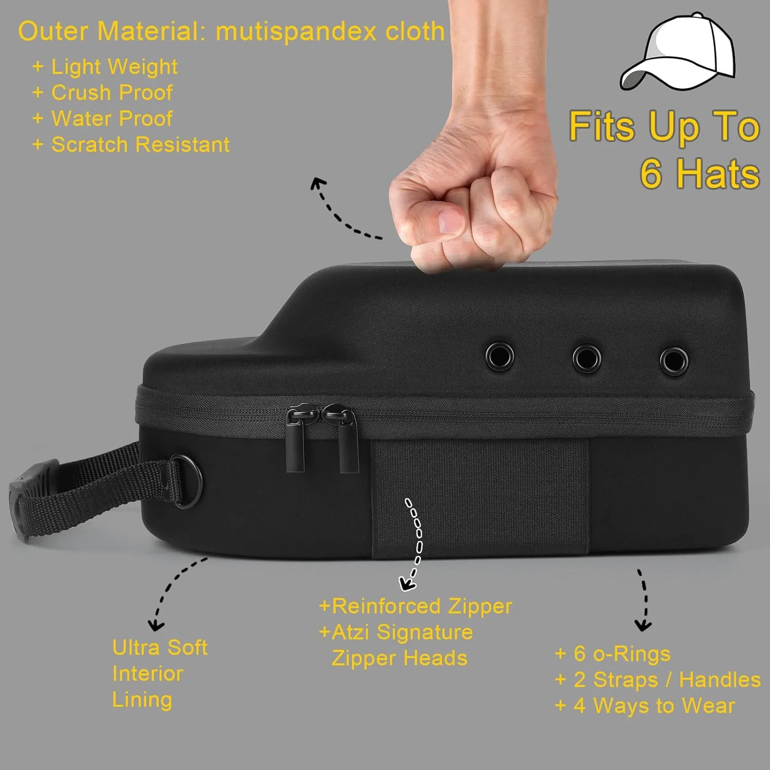 Hard Baseball Hat Case with 6pcs Hat Hooks, Hat Carrier Travel Case with Adjustable Shoulder Strap, Hat Cap Case for 6 Baseball Caps - Perfect for Traveling (Black)