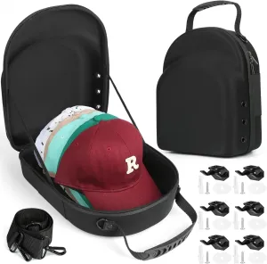 Hard Baseball Hat Case with 6pcs Hat Hooks, Hat Carrier Travel Case with Adjustable Shoulder Strap, Hat Cap Case for 6 Baseball Caps - Perfect for Traveling (Black)