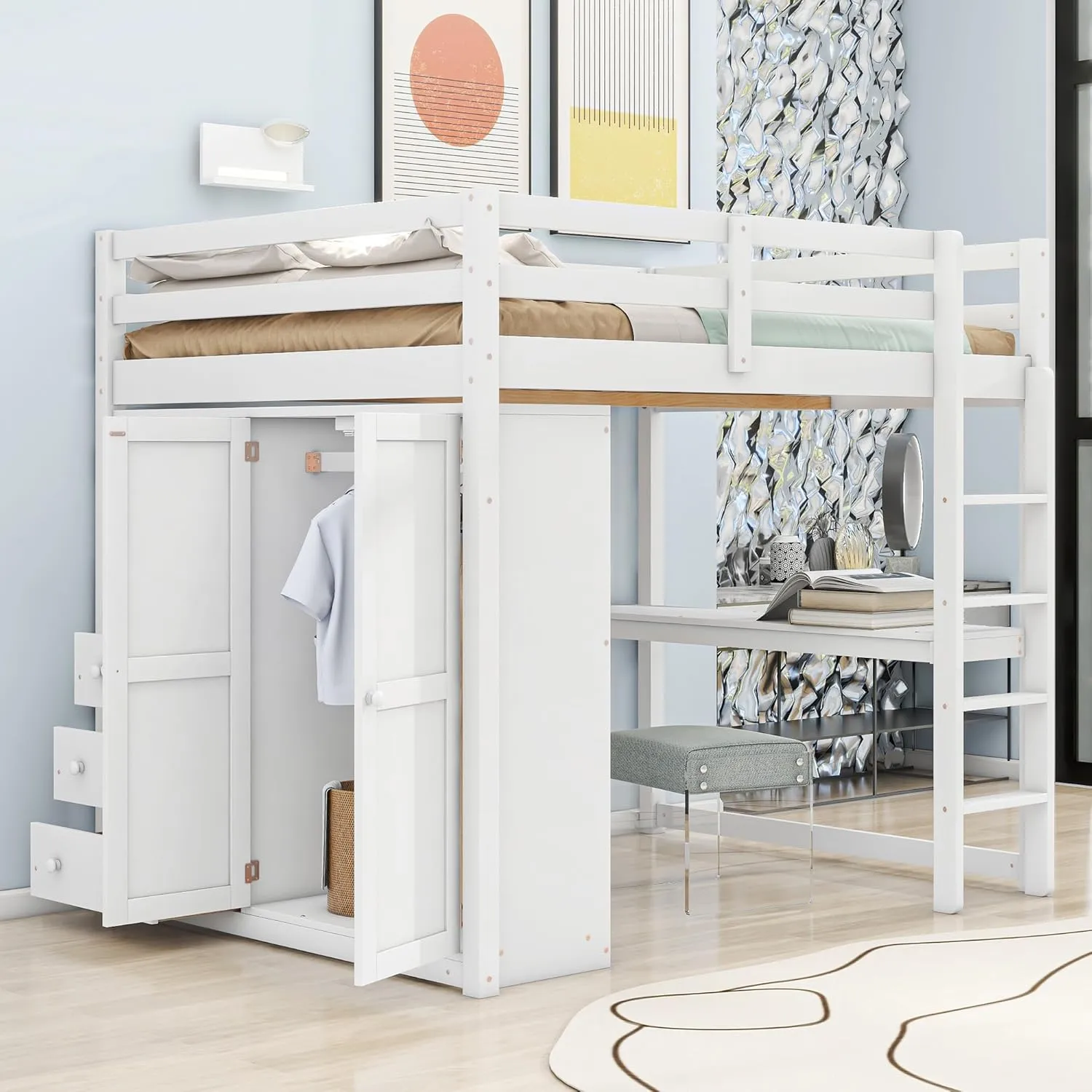 Harper & Bright Designs Full Size Loft Bed with Built-in Wardrobe, Desk, Storage Shelves and Drawers, Solid Wood Loft Bed Frame, White