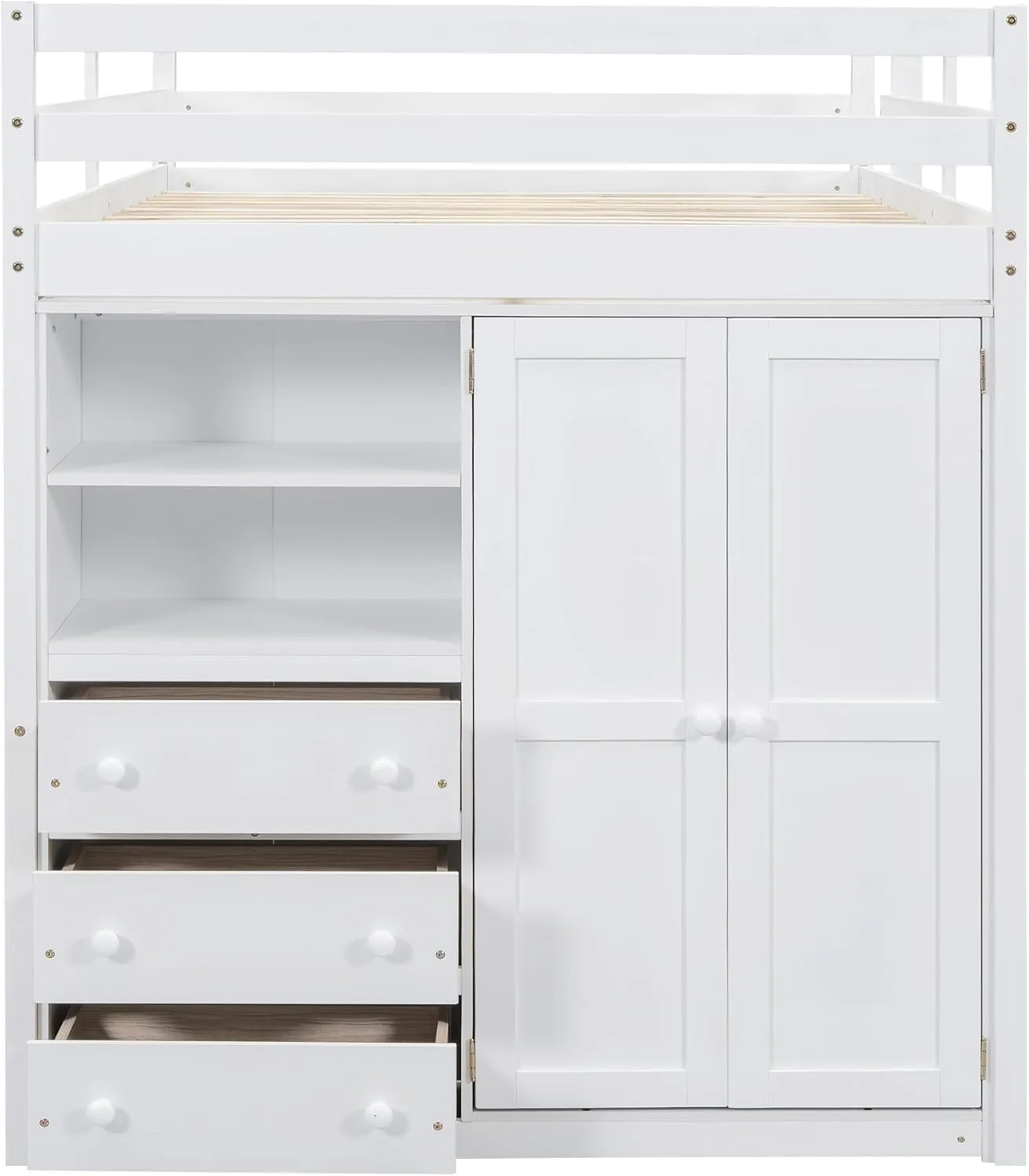 Harper & Bright Designs Full Size Loft Bed with Built-in Wardrobe, Desk, Storage Shelves and Drawers, Solid Wood Loft Bed Frame, White