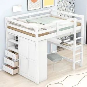 Harper & Bright Designs Full Size Loft Bed with Built-in Wardrobe, Desk, Storage Shelves and Drawers, Solid Wood Loft Bed Frame, White