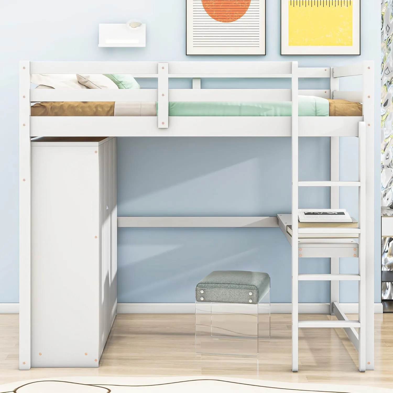 Harper & Bright Designs Full Size Loft Bed with Built-in Wardrobe, Desk, Storage Shelves and Drawers, Solid Wood Loft Bed Frame, White