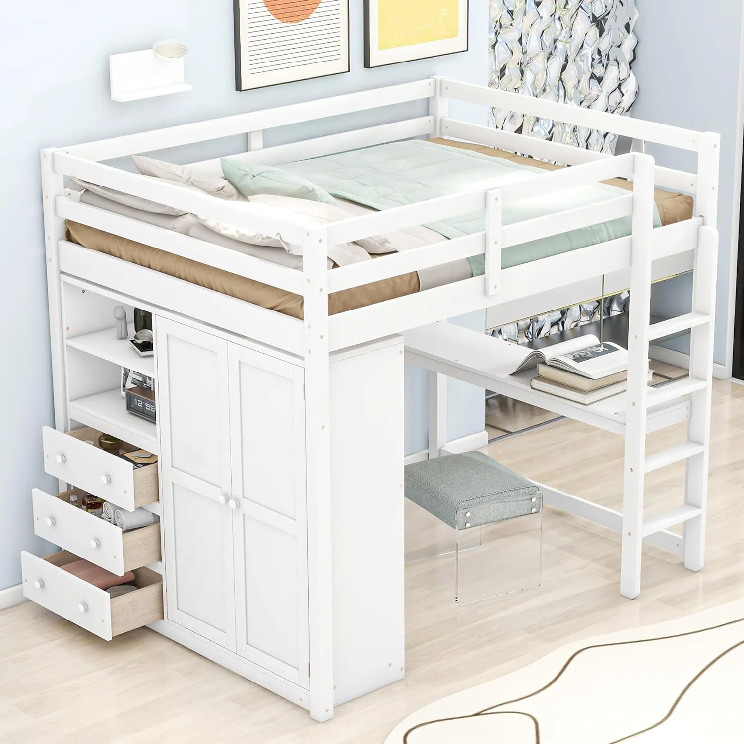 Harper & Bright Designs Full Size Loft Bed with Built-in Wardrobe, Desk, Storage Shelves and Drawers, Solid Wood Loft Bed Frame, White