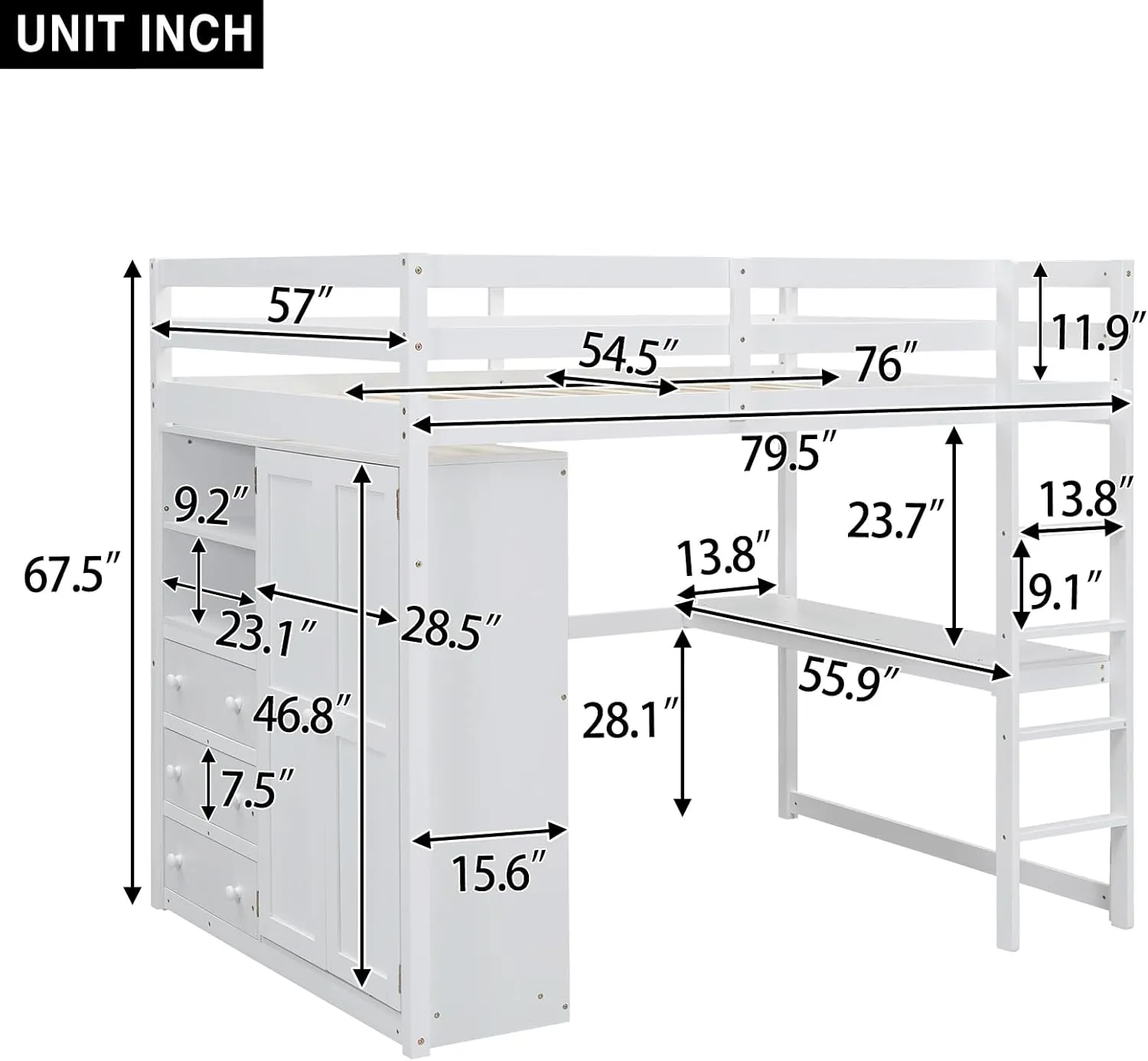Harper & Bright Designs Full Size Loft Bed with Built-in Wardrobe, Desk, Storage Shelves and Drawers, Solid Wood Loft Bed Frame, White