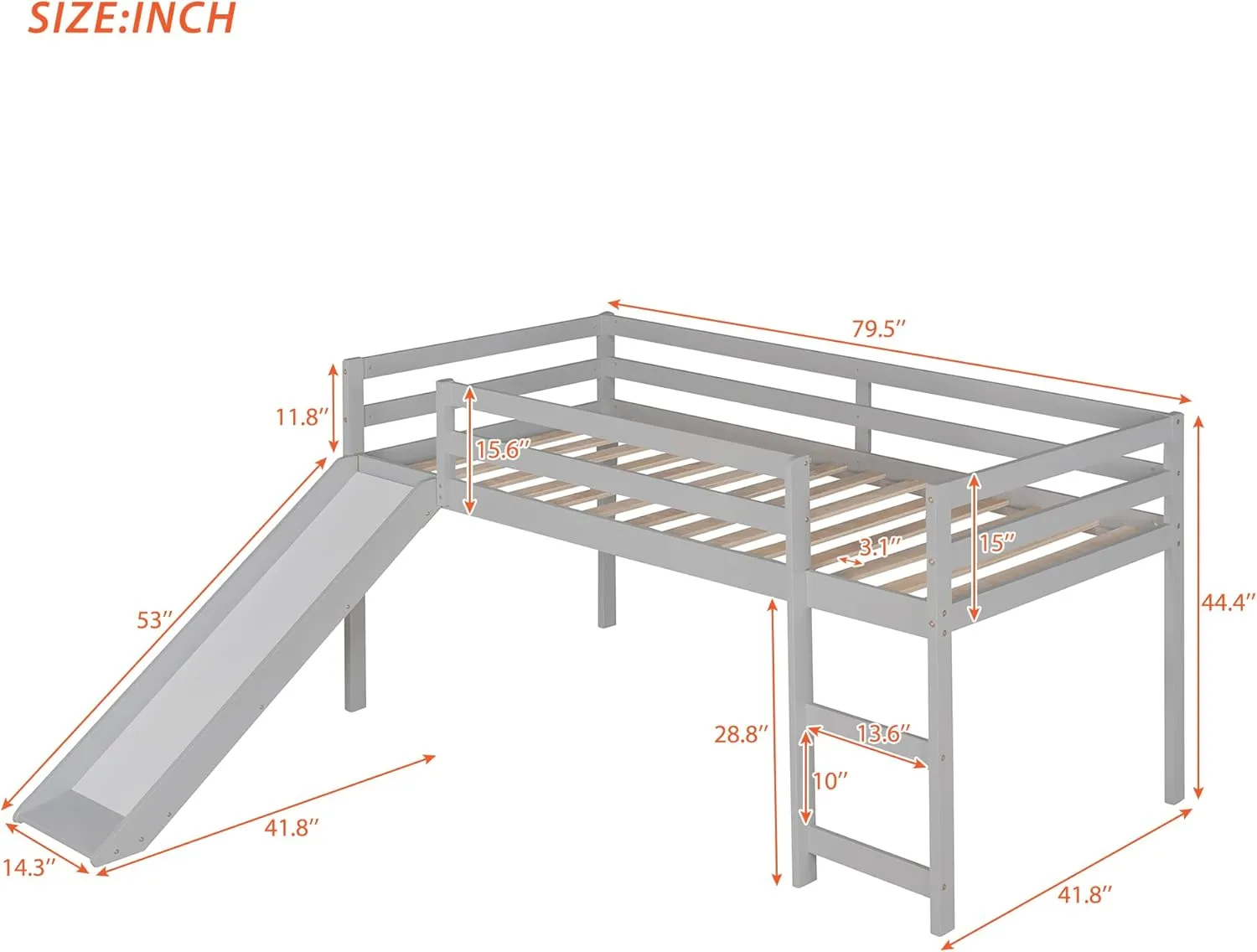 Harper & Bright Designs Kids Low Loft Bed with Slide, Twin Size Wooden Loft Bed Frame, Gray