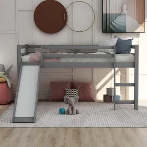 Harper & Bright Designs Kids Low Loft Bed with Slide, Twin Size Wooden Loft Bed Frame, Gray