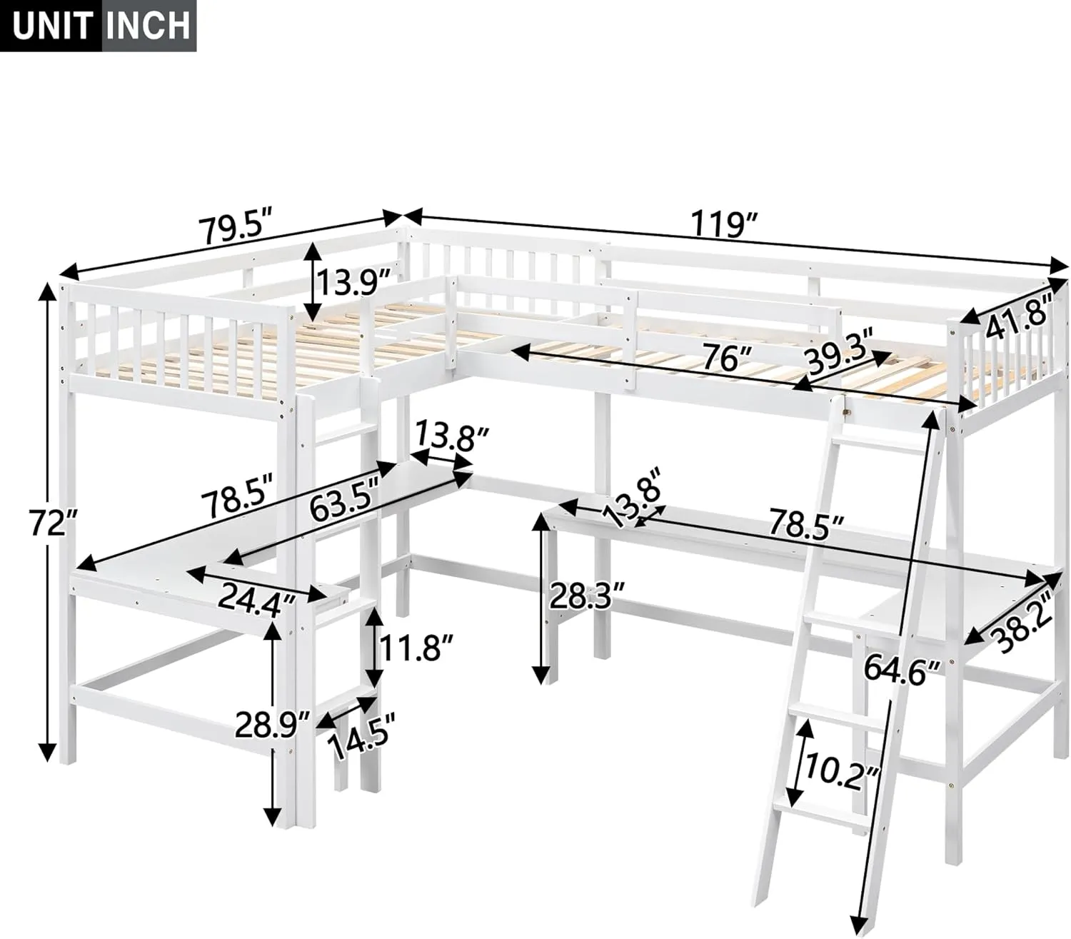Harper & Bright Designs L-Shaped Loft Bed with Desks, Wood Twin Size Loft Bed with Ladder & 2 L-Shaped Desks, Corner Twin Bed for Kids, Teens, Adults (White)