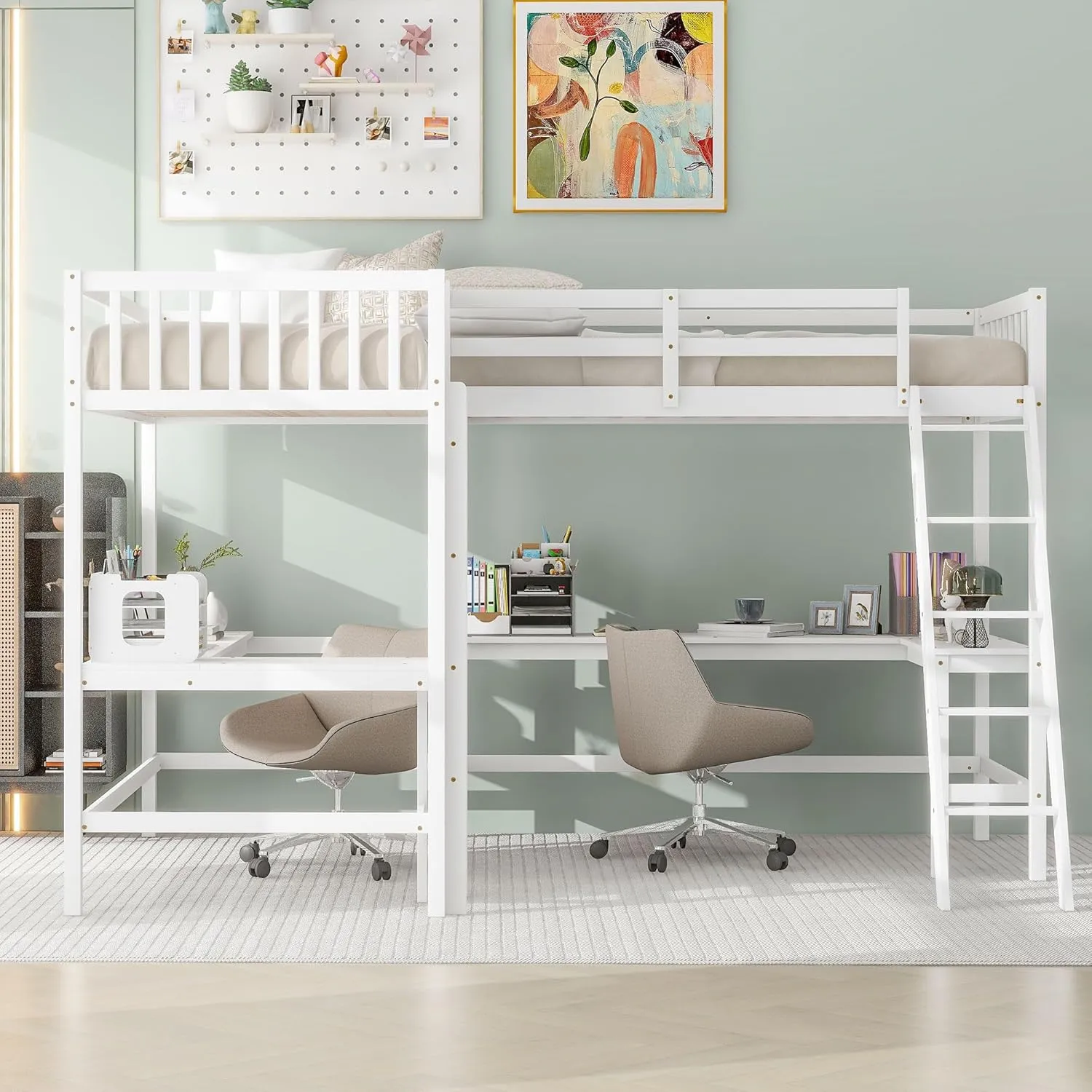 Harper & Bright Designs L-Shaped Loft Bed with Desks, Wood Twin Size Loft Bed with Ladder & 2 L-Shaped Desks, Corner Twin Bed for Kids, Teens, Adults (White)