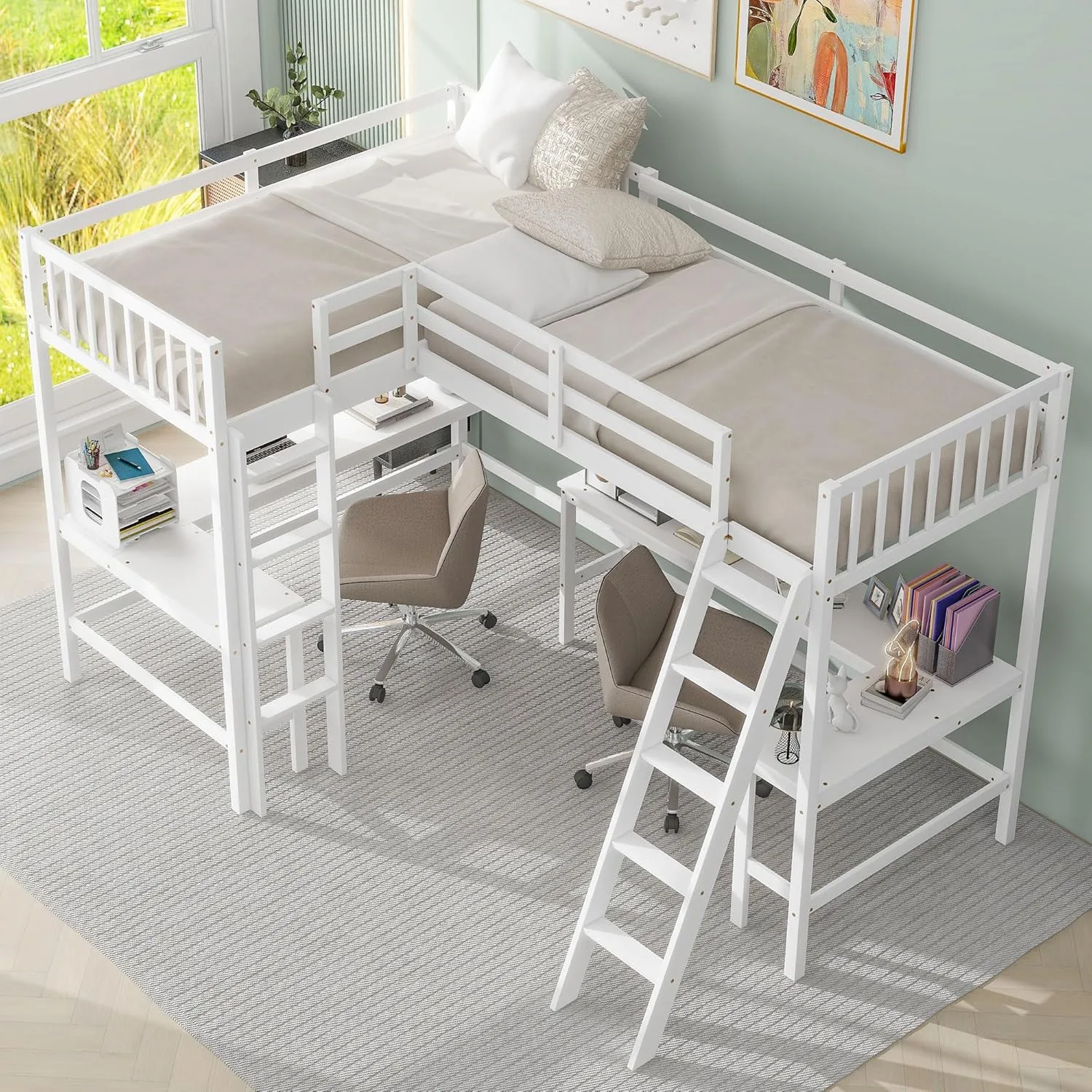 Harper & Bright Designs L-Shaped Loft Bed with Desks, Wood Twin Size Loft Bed with Ladder & 2 L-Shaped Desks, Corner Twin Bed for Kids, Teens, Adults (White)