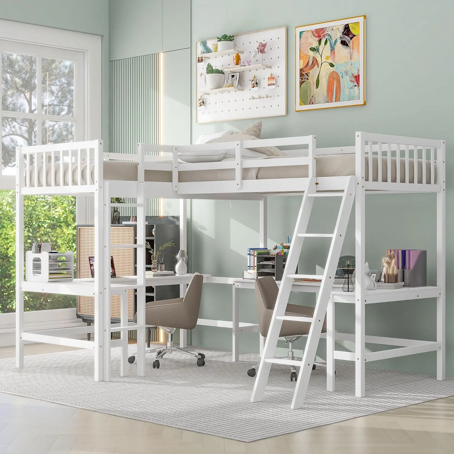 Harper & Bright Designs L-Shaped Loft Bed with Desks, Wood Twin Size Loft Bed with Ladder & 2 L-Shaped Desks, Corner Twin Bed for Kids, Teens, Adults (White)