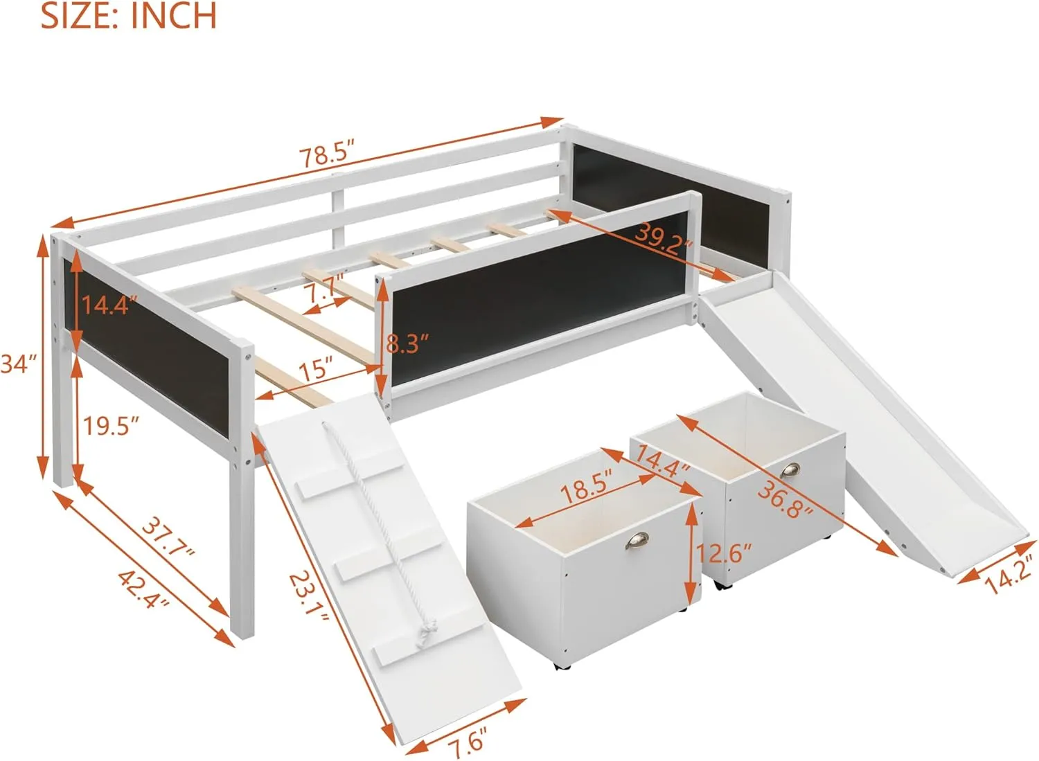 Harper & Bright Designs White Low Loft Bed with Slide, Wooden Twin Loft Bed for Kids, Loft Bed Twin with 2 Toy Boxes, Chalkboard and Climbing Frame, Junior Loft Bed Frame for Girls Boys