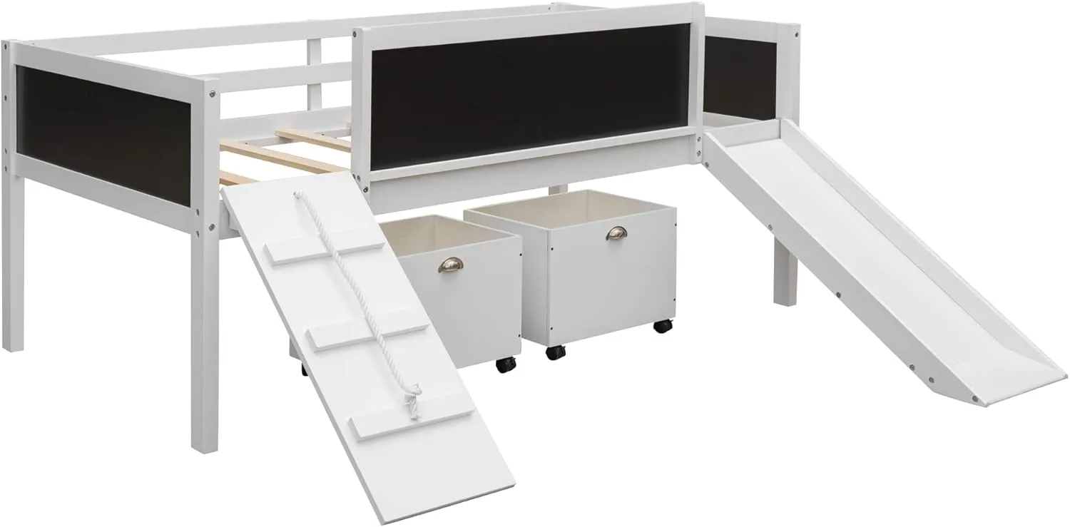 Harper & Bright Designs White Low Loft Bed with Slide, Wooden Twin Loft Bed for Kids, Loft Bed Twin with 2 Toy Boxes, Chalkboard and Climbing Frame, Junior Loft Bed Frame for Girls Boys