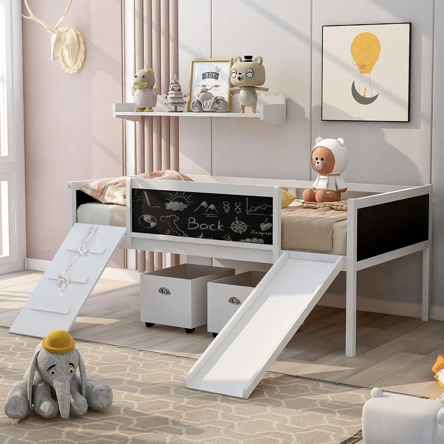 Harper & Bright Designs White Low Loft Bed with Slide, Wooden Twin Loft Bed for Kids, Loft Bed Twin with 2 Toy Boxes, Chalkboard and Climbing Frame, Junior Loft Bed Frame for Girls Boys