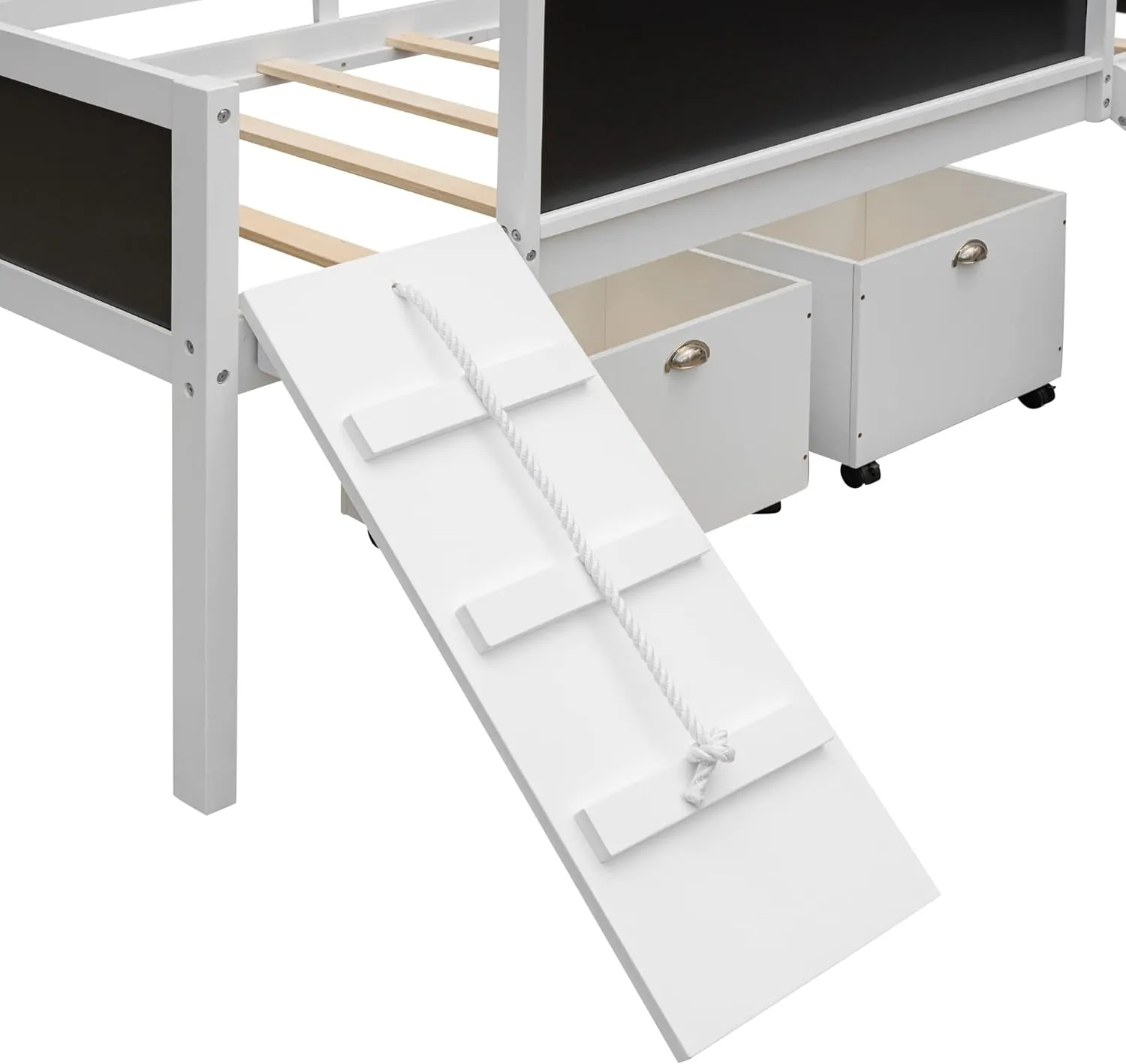 Harper & Bright Designs White Low Loft Bed with Slide, Wooden Twin Loft Bed for Kids, Loft Bed Twin with 2 Toy Boxes, Chalkboard and Climbing Frame, Junior Loft Bed Frame for Girls Boys