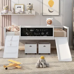 Harper & Bright Designs White Low Loft Bed with Slide, Wooden Twin Loft Bed for Kids, Loft Bed Twin with 2 Toy Boxes, Chalkboard and Climbing Frame, Junior Loft Bed Frame for Girls Boys
