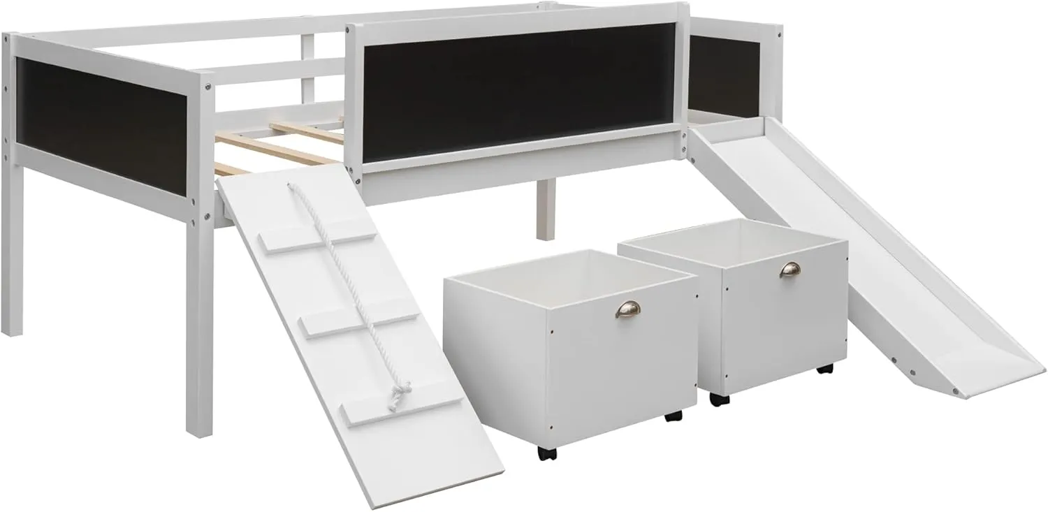 Harper & Bright Designs White Low Loft Bed with Slide, Wooden Twin Loft Bed for Kids, Loft Bed Twin with 2 Toy Boxes, Chalkboard and Climbing Frame, Junior Loft Bed Frame for Girls Boys