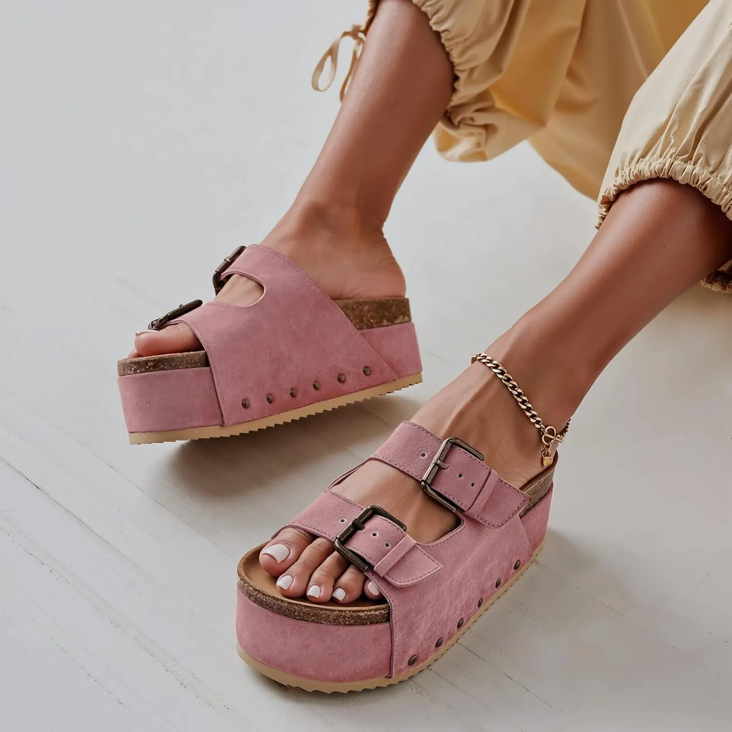 heelchic Platform Sandals Women, Chunky Platform Wedges with Arch Support, Big Buckle Casual Open Toe Slide Sandals