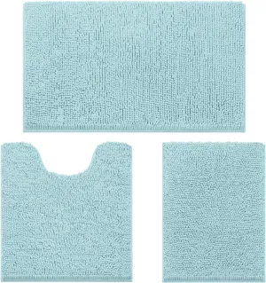 HOMEIDEAS 3 Pieces Bathroom Rugs, Ultra Soft Non Slip Absorbent Chenille Toilet Bath Mat Set (Light Blue)