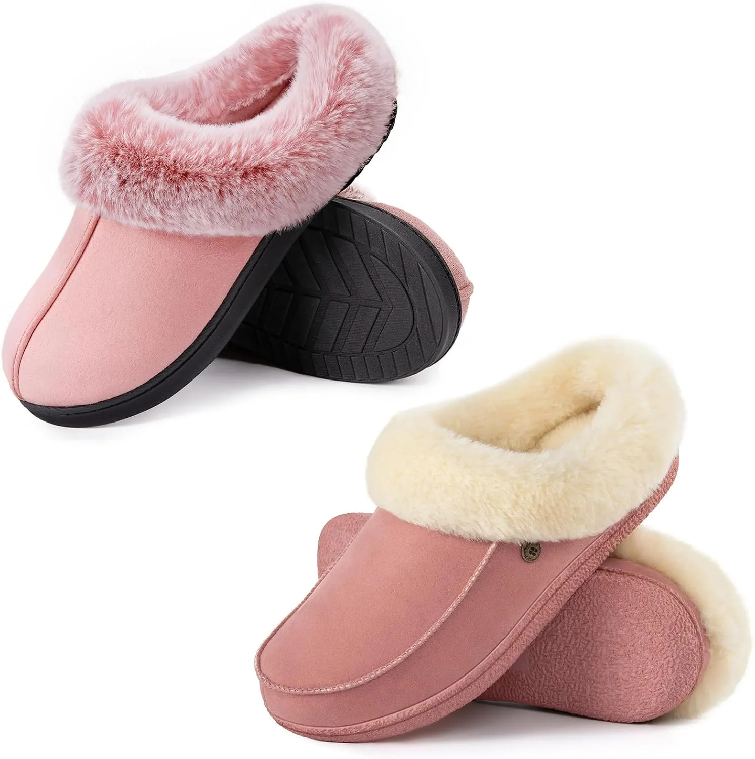 HomeTop Women's Set of 2 Pairs - Moccasin Slippers with Fuzzy Collar (Size 9-10, Rose Pink) - Microsuede Slippers with Soft Collar (Size 9-10, Pink)