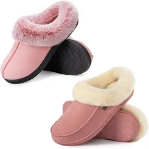 HomeTop Women's Set of 2 Pairs - Moccasin Slippers with Fuzzy Collar (Size 9-10, Rose Pink) - Microsuede Slippers with Soft Collar (Size 9-10, Pink)