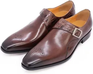 HOOENG Dress Oxford for Men Slip on Monk Strap Breathable Square Toe Cowhide Block Heel Non Slip Tolerant Rubber Sole Low Top Superficial (Color : Brown, Size : 7.5)