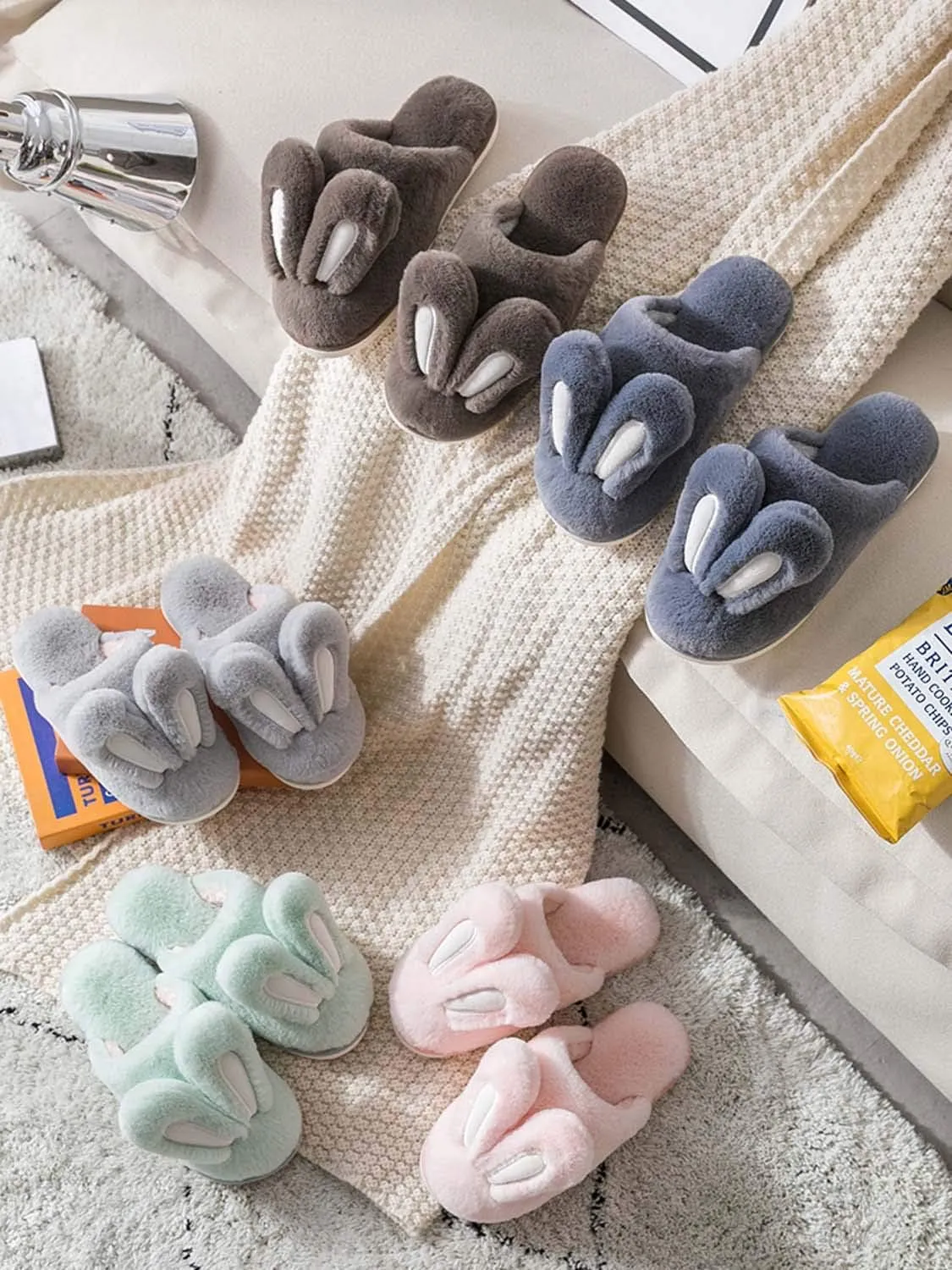 Hopelong Women's Cute Rabbit Ears Plush House Slippers - Non-Slip Fluffy Indoor Warm Animal Slippers