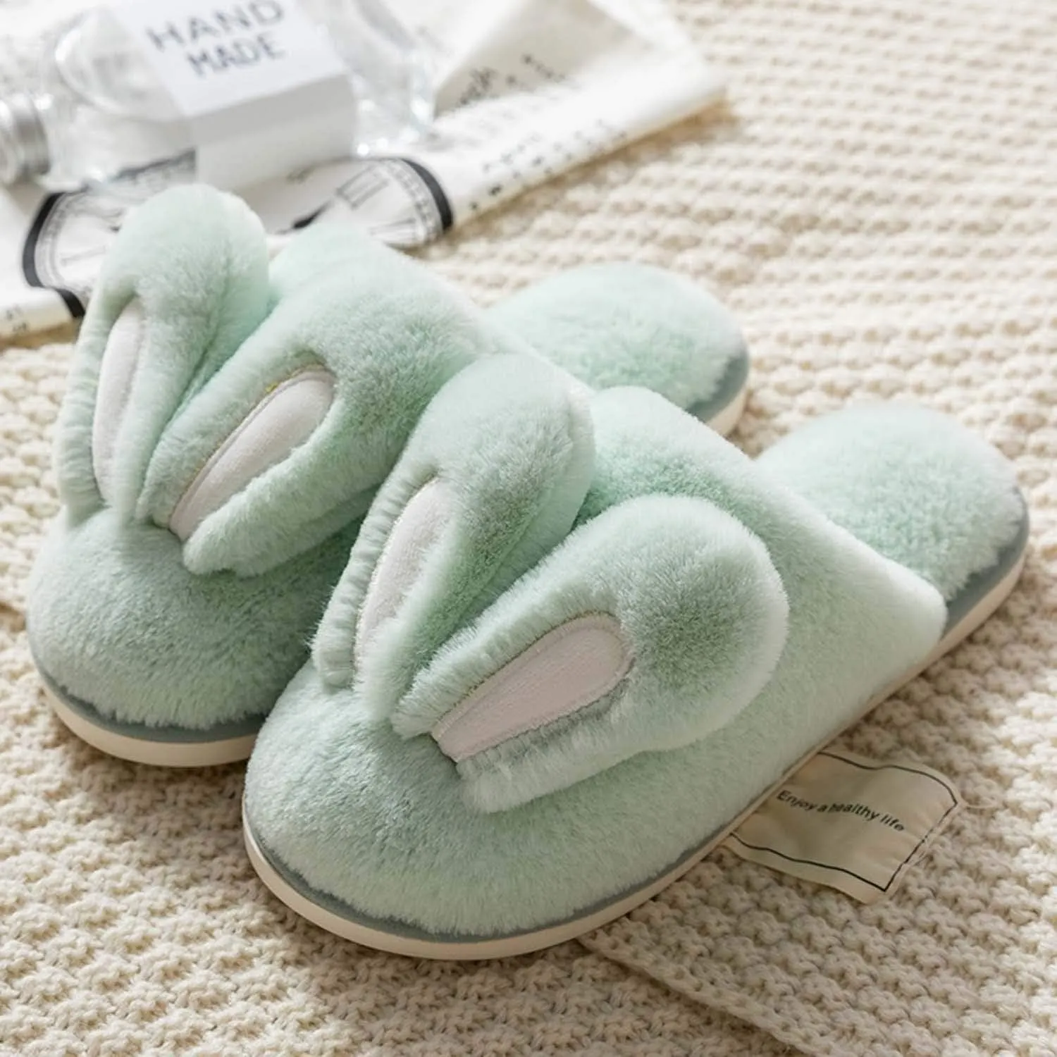 Hopelong Women's Cute Rabbit Ears Plush House Slippers - Non-Slip Fluffy Indoor Warm Animal Slippers