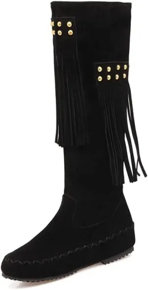 HOTRA Womens Moccasin Mid Calf 2 Layer Fringe Boots Faux Suede Pull On Western Cowboy Boot Flat Knee High Boot (Color : Black, Size : 11 US)