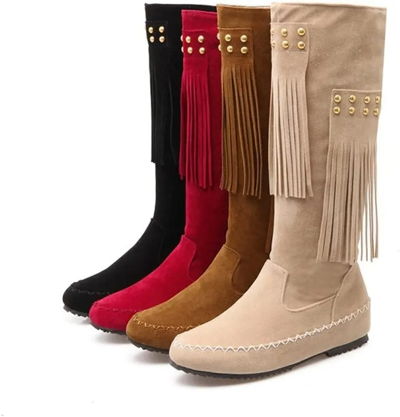 HOTRA Womens Moccasin Mid Calf 2 Layer Fringe Boots Faux Suede Pull On Western Cowboy Boot Flat Knee High Boot (Color : Black, Size : 11 US)