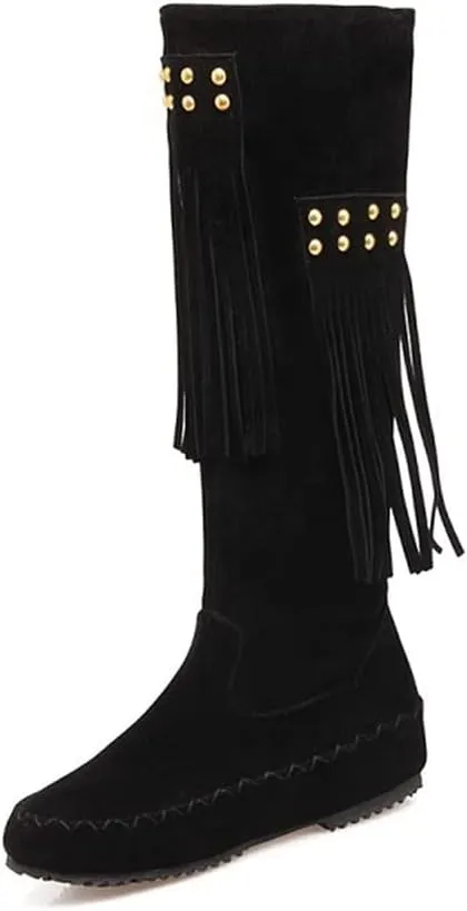HOTRA Womens Moccasin Mid Calf 2 Layer Fringe Boots Faux Suede Pull On Western Cowboy Boot Flat Knee High Boot (Color : Black, Size : 11 US)