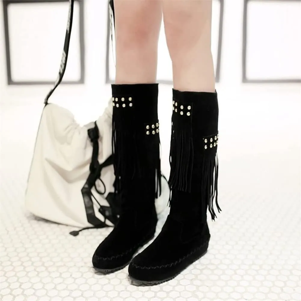 HOTRA Womens Moccasin Mid Calf 2 Layer Fringe Boots Faux Suede Pull On Western Cowboy Boot Flat Knee High Boot (Color : Black, Size : 11 US)