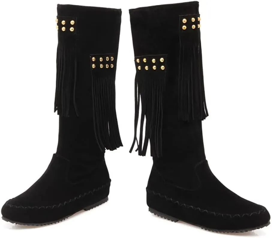 HOTRA Womens Moccasin Mid Calf 2 Layer Fringe Boots Faux Suede Pull On Western Cowboy Boot Flat Knee High Boot (Color : Black, Size : 11 US)
